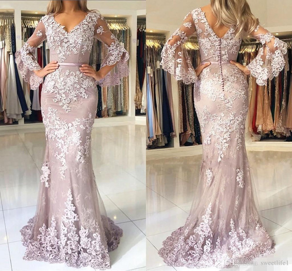 Blush Pink Lace Mermaid Prom Dresses V Neck Long Sleeves Backless Elegant Formal Dresses Evening Wear vestidos