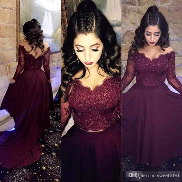 Sexy Long Burgundy Two Pieces Prom Dresses Lace Prom Gowns A Line Party Formal Evening Gowns