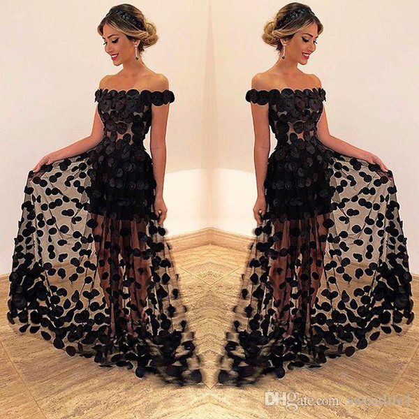 Elegant Black 3D Flora Appliques Prom Dresses Off the Shoulder A Line Floor Length Formal Evening Occasion Dresses