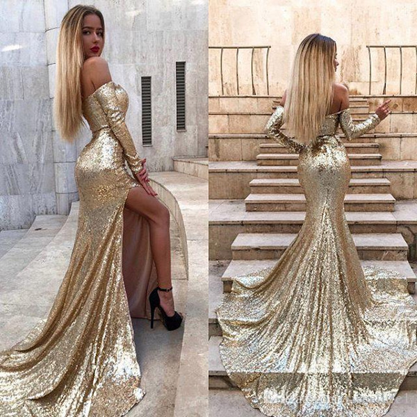 Sexy Sequins Prom Dresses Off the Shoulder Long Sleeves Side Split Formal Evening Occasion Dresses Mermaid robes de soirée