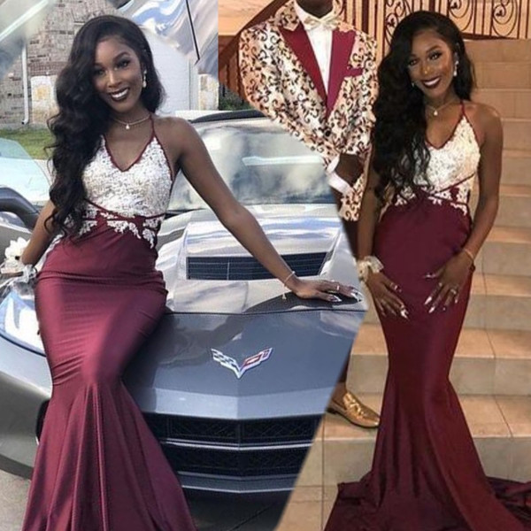 Sexy Burgundy African Prom Dresses White Appliques Mermaid Formal Evening Occasion Party Gown robes de soirée