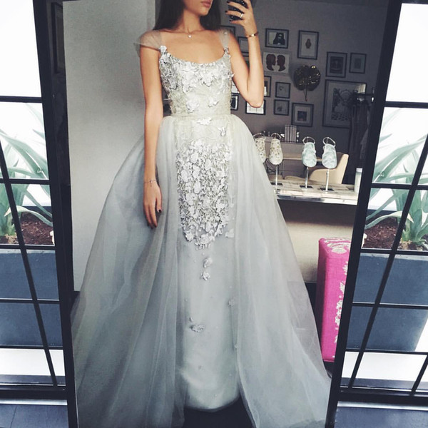 Lace Appliques Prom Dresses Tulle A Line Formal Evening Occasion Sheath Sexy Party Dresses Overskirt