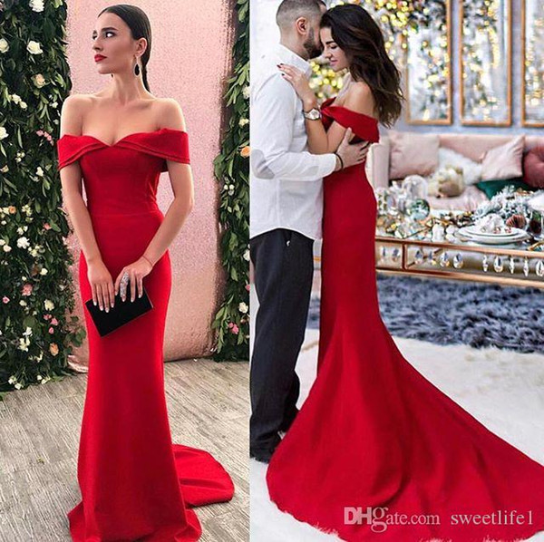 Red Off the Shoulder Prom Dresses Mermaid Satin Formal Evening Occasion Party Dress Plus Size African Wear