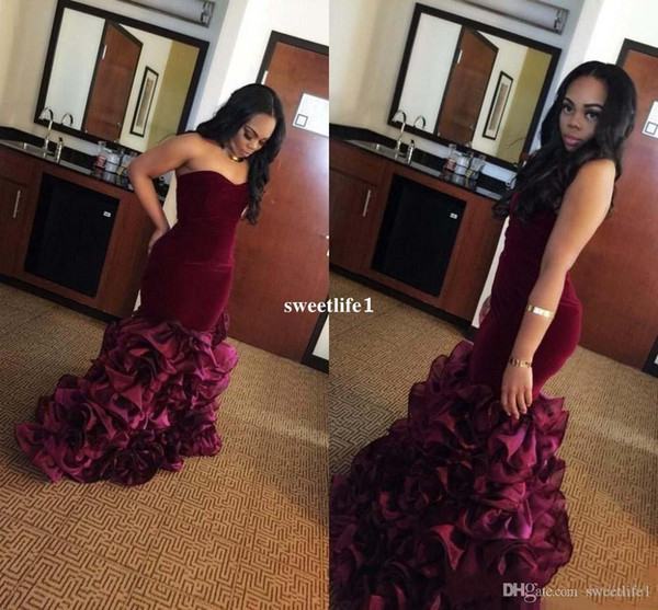 Long Mermaid Burgundy Prom Dresses Ruffle Strapless Backless Sexy Formal Evening Dress Occasion Party Wear