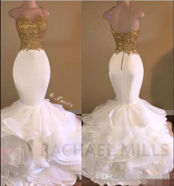 Sexy Gold White Ruffles Lace Mermaid Prom Dresses Spaghetti Strap Sleeveless Open Back Long Evening Celebrity Dress