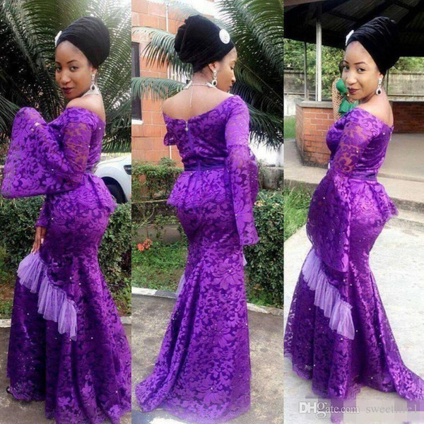 Aso Ebi Purple Off Shoulder Long Sleeves Evening Gowns Lace Poet Mermaid Prom Dress Long Formal Party Dress Wear