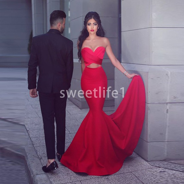 Fashion Red Mermaid Prom Gowns Sweetheart Backless Satin Elegant Evening Party Wear Custom Made Cheap Sweep Train Party Dress