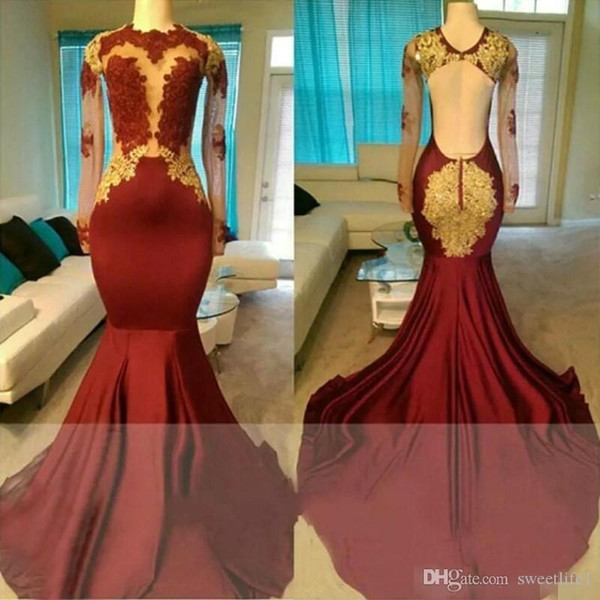 Robe De Soiree Sexy Burgundy Gold Mermaid Prom Dress See Through Long Sleeve Appliques Lace Party Gowns