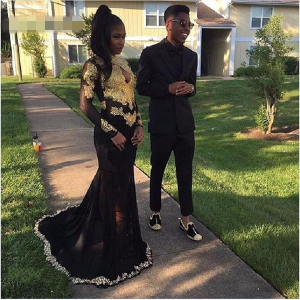 Sexy African Black Girls Prom Dresses Robe de soiree Gold Applique High Neck Long Sleeve Mermaid Evening Dresses Party Gowns