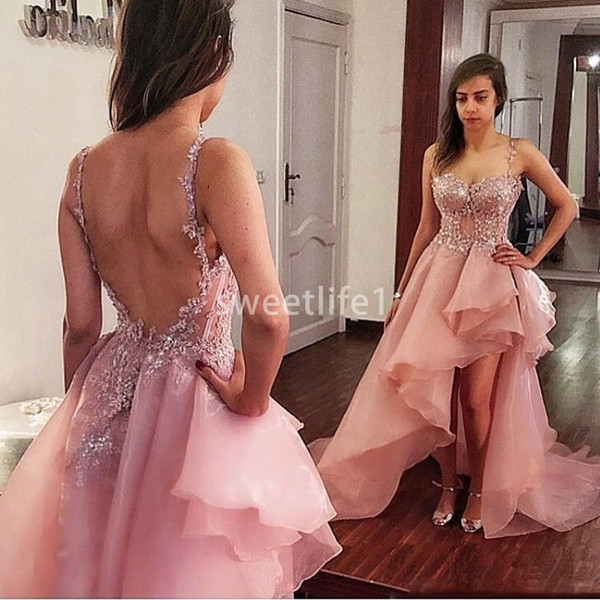 Dusty Pink High Low Appliqued Prom Gowns Organza Backless Sexy Spaghetti Straps Formal Party Dress Customized Vestido De Festa