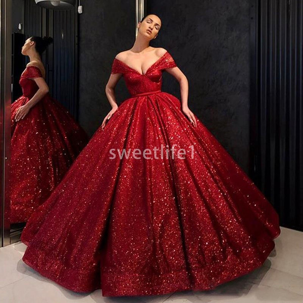 Red Sequined Prom Gowns Deep V Neck Cap Sleeves Ball Gown Evening Gowns Puffy Floor Length Women Formal Wear Party Dresses