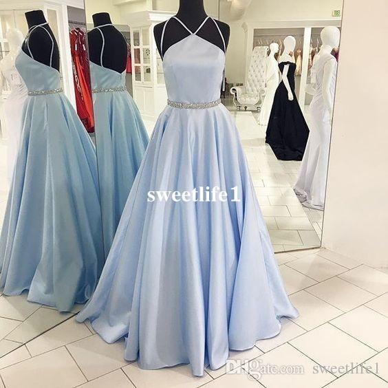 Light Sky Blue Prom Dresses Halter Neck Floor Length A Line Formal Evening Dress Party Wear