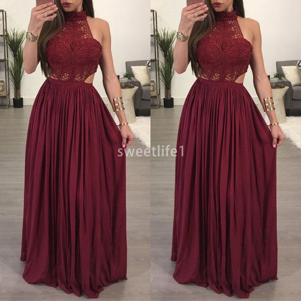 Elegant Halter Burgundy Lace Prom Dresses Backless Chiffon Floor Length Formal Evening Occasion Party Dresses Custom Made