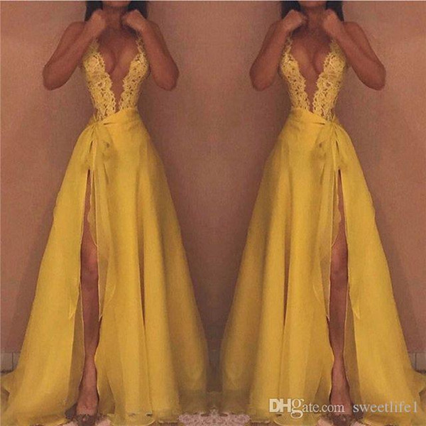 Sexy Deep V Neck Yellow Prom Dresses Side Split A Line Tulle Formal Evening Occasion Party Wear