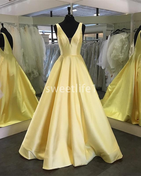 New Light Yellow Satin Prom Dresses V Neck Stain A Line Sweep Train Formal Occasion Evening Party Dresses Custom Made