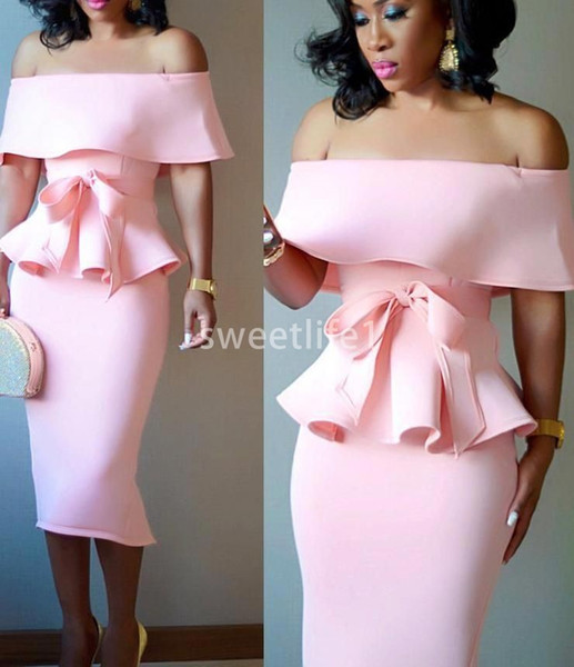 Pink Off The Shoulder Prom Dresses Peplum Sheath Tea Length Formal Occasion Evening Dresses Custom Made Hot Sale