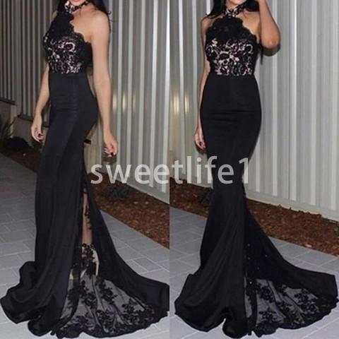 Black Halter Neck Lace Appliques Prom Dresses Chiffon Mermaid Train With Tulle Formal Evening Occasion Party Dresses Custom Made