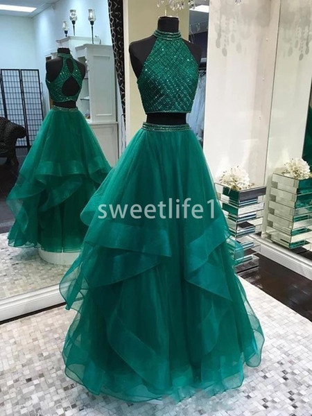 New Hunte Green Prom Dresses Sparkly Beaded Halter Neck A Line Two Piece Ruffles Skirts Floor Length Formal Evening Occasion Dresses