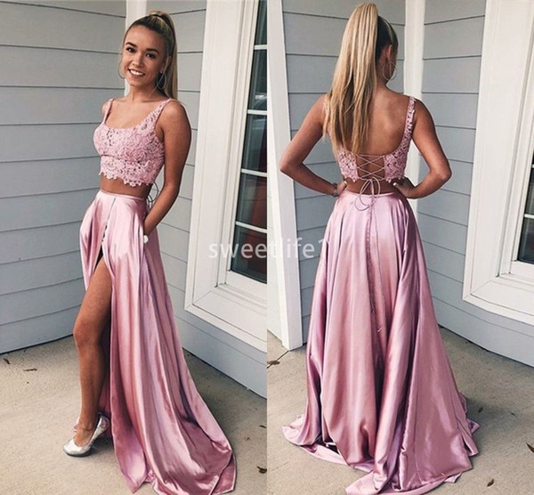 Sexy Pink Two Piece Prom Dresses Lace Appliques Side Split Elastic Satin Scoop Neck Floor Length Formal Evening Occasion Dresses