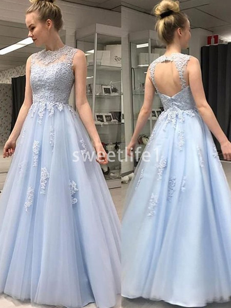 Light Sky Blue A Line Prom Dresses Lace Appliques Hollow Back A Line Floor Length Formal Evening Occasion Party Gown Custom Made