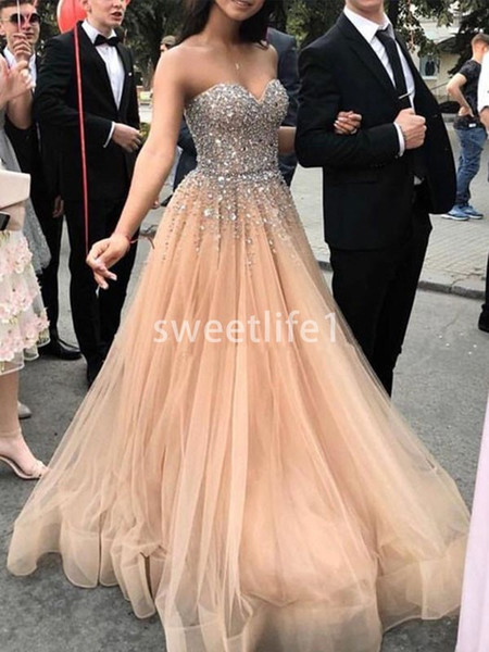 Champagne Tulle Sweetheart Prom Dresses Sparkly Silver Sequins Beaded A Line Floor Length Formal Evening Occasion Party Dresses Custom