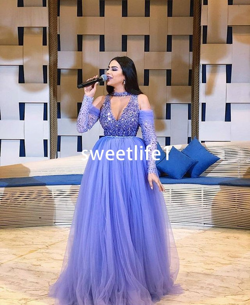 Dubai Arabic Sparkly Sequins Beaded Prom Dresses V Neck Long Sleeve A Line Tulle Floor Length Celebrity Formal Evening Party Dresses