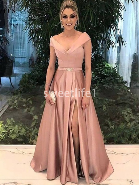 Blush Pink Off The Shoulder Prom Dresses A Line Side Split Floor Length Satin Formal Evening Occasion Party Dresses Custom Made