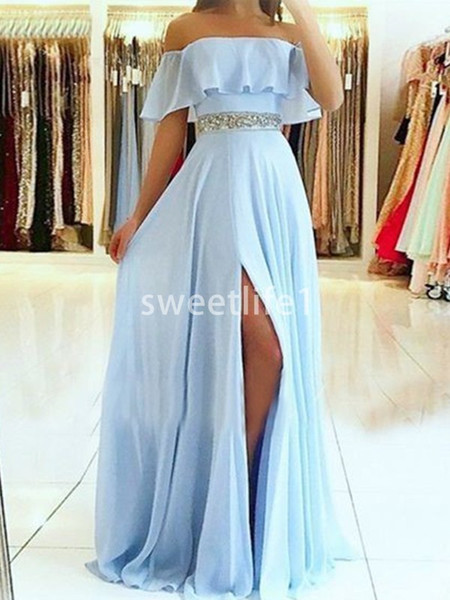 Light Sky Blue Chiffon Off The Shoulder Prom Dresses Sexy Side Split Beaded Sashes A Line Floor Length Formal Evening Party Dresses