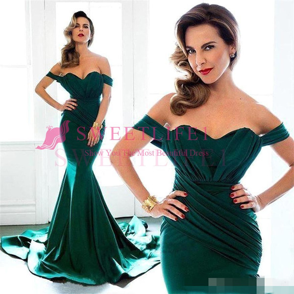 Sexy Off The Shoulder Prom Dresses Dark Green Satin Mermaid Sweep Train Formal Evening Occasion Party Dresses Custom Made