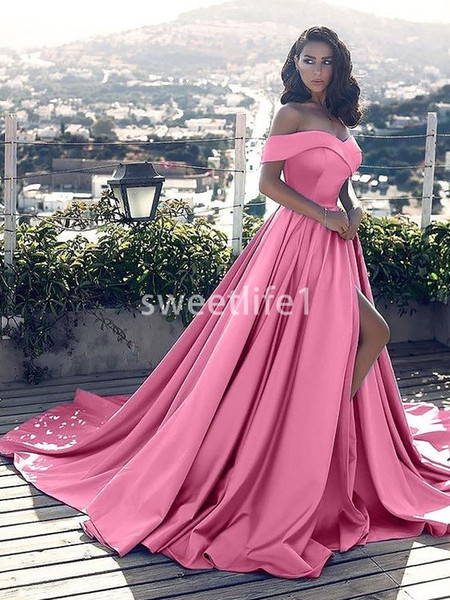 Hot Pink Off The Shoulder Prom Dresses Sexy Side Split Sweep Train Satin Formal Evening Occasion Party Dresses Custom Made