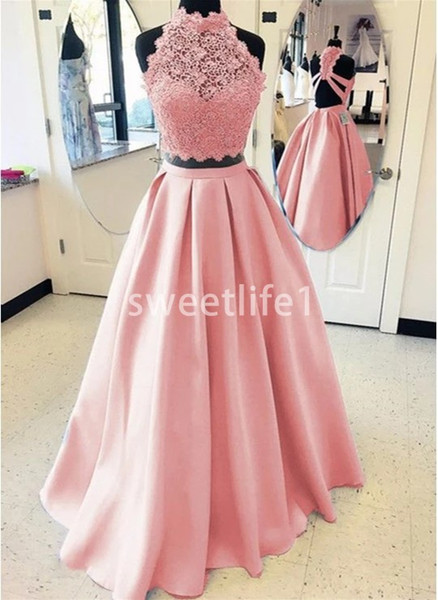 Simple Two Piece Halter Neck Prom Dresses Lace Cross Back A Line Satin Floor Length Formal Evening Occasion Party Dresses Custom Made