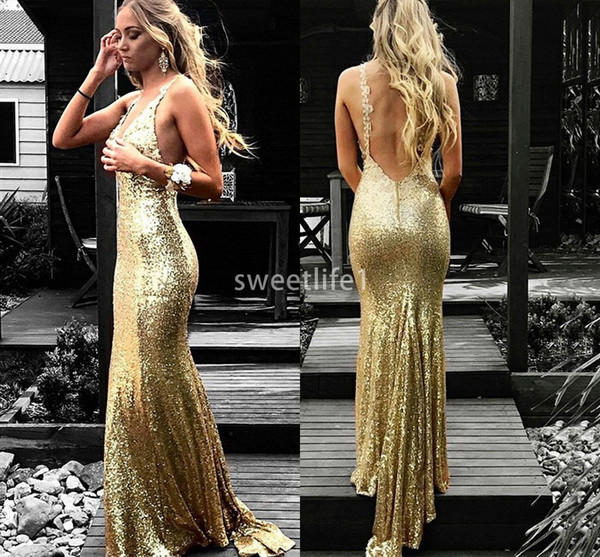 Sparkly Gold Sequins Prom Dresses V Neck Backless Mermaid Sweep Train Formal Evening Occasion Party Dresses Custom Made