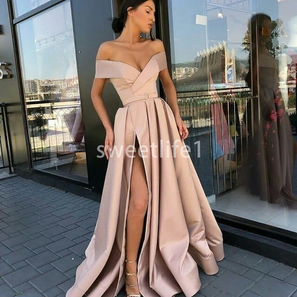 Rose Champagne Off The Satin Prom Dresses Satin A Line Sexy Side Split Formal Evening Occasion Party Dresses Custom Made
