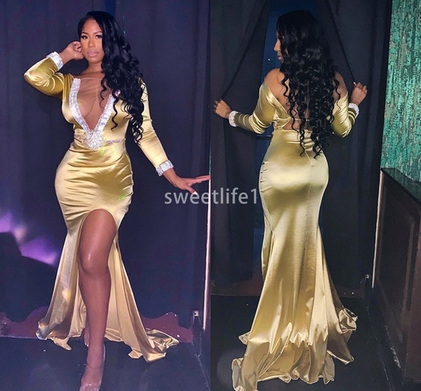 Light Gold Mermaid Prom Dresses Deep V Neck Sexy Side Split Backless Mermaid Sweep Train Formal Evening Occasion Dresses Custom Made