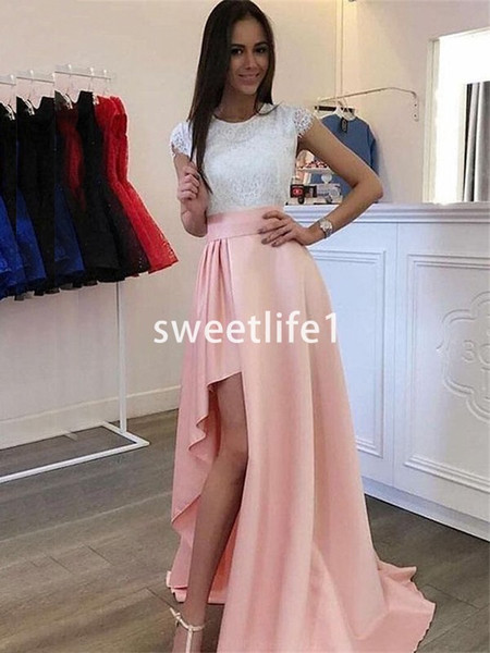 Pink Chiffon Side Split Prom Dresses White Lace Short Sleeve Ruffles Skirts Sweep Train Formal Evening Homecoming Prom Party Dresses