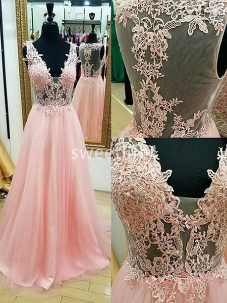 Pink V Neck Prom Dresses Lace Appliques Beaded A Line Floor Length Tulle Formal Evening Occasion Party Dresses Custom Made