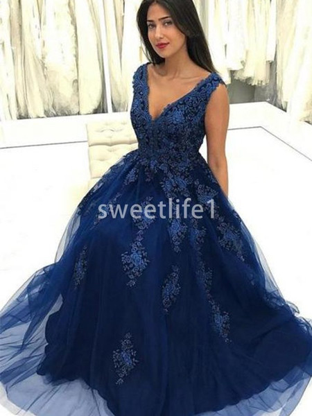 Gorgeous Navy Blue V Neck Prom Dresses Lace Appliques A Line Sweep Train Formal Evening Occasion Dresses Custom Made Hot Sale