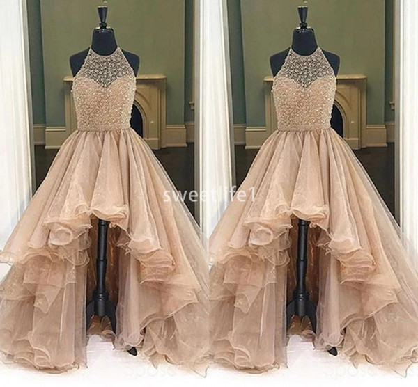 Sparkly Beaded Halter Neck Prom Dresses Backless A Line Hi Low Ruffles Tiered Skirts Formal Evening Occasion Party Dresses