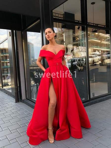 Elegant Red Off The Shoulder Prom Dresses Sexy Side Split A Line Sweep Train Formal Evening Occasion Party Dresses Custom Made