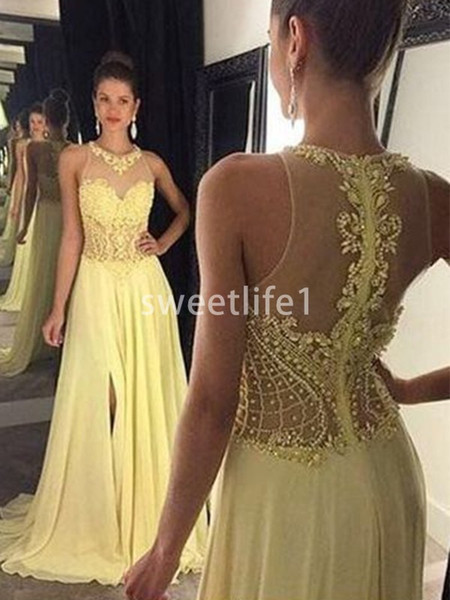 Yellow Crew Neck Prom Dresses Beaded Crystal Zipper Back A Line Chiffon Floor Length Side Split Formal Evening Occasion Dresses