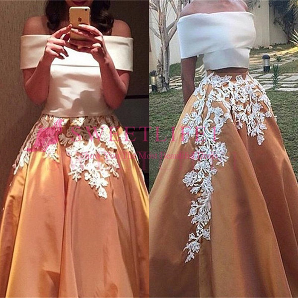 Luxury Two Pieces White and gold Stain Prom Dresses Boat Neck Appliques Lace A-Line Party Gowns Special occasions dress