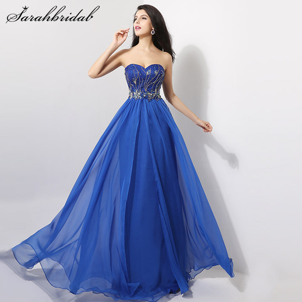 Sexy Royal Blue Chiffon Graduation Dresses Beads Sweetheart Crystals A-Line Formal Long Prom Gowns Sleeveless Floor-Length AJ009