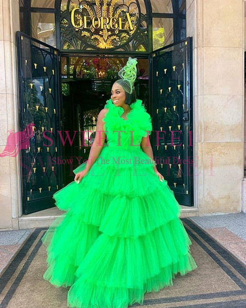 Green Tulle Prom Dresses Crew Neck A Line Tiered Skirts Formal Ruffles Puffy Evening Party Gown Custom Made