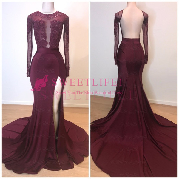 Modest African Burgundy Mermaid Prom Dresses Vestidos De Fiesta De Noche Backless Long Sleeve Evening Gowns Formal Dress