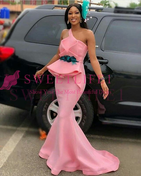 Pink One Shoulder Mermaid Prom Dresses Peplum Mermaid Satin Floor Length Formal Occasion Evening Party Dresses Custom Made