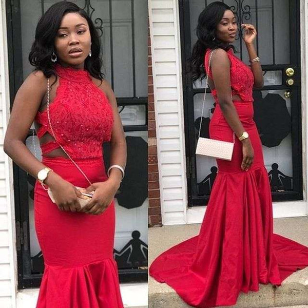 Elegant Red Backless Prom Dresses Halter Neck Mermaid Lace Appliques Black Girls 2K 19 Formal Evening Occasion Party Dresses