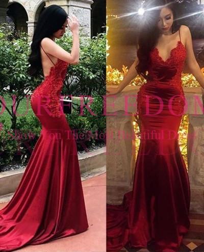 New Arrival Red Spaghetti Prom Dresses Lace Appliques Sexy Backless Mermaid Sweep Train Cheap Formal Evening Occasion Dresses Custom