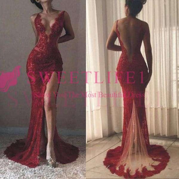 Burgundy Lace Tulle Prom Dresses V Neck Backless Sexy Side Split Mermaid Formal Evening Occasion Party Dresses Custom Made