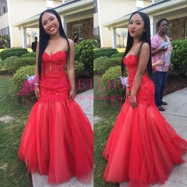 Red Black Girls Sweetheart Neck Prom Dresses Lace Appliques 2k 18 19 Mermaid South Africa Formal Evening Occasion Party Dresses Hot