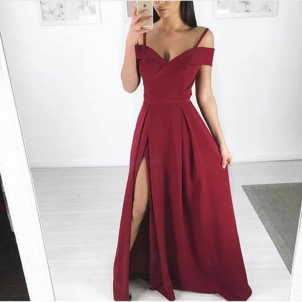 Red Off The Shoulder Prom Dresses Simple Style Side Split Floor Length Formal Occasion Evening Party Dresses Custom Made